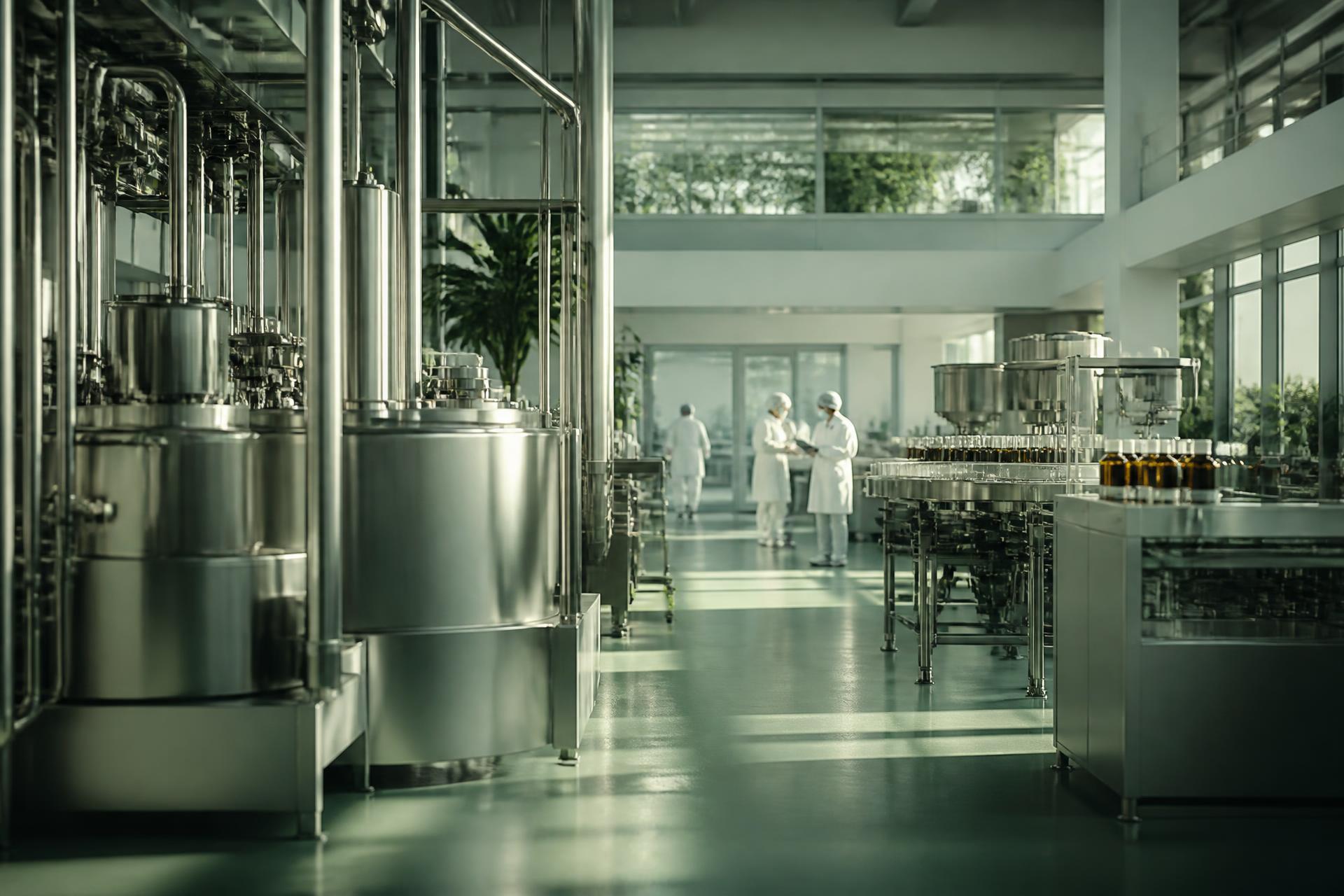 Modern pharmaceutical production hall with stainless steel process equipment